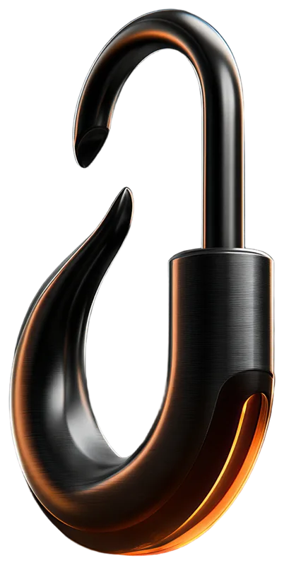 LAMPORT logo: a padlock shackle that turns into a barbed hook, glowing orange along its bend